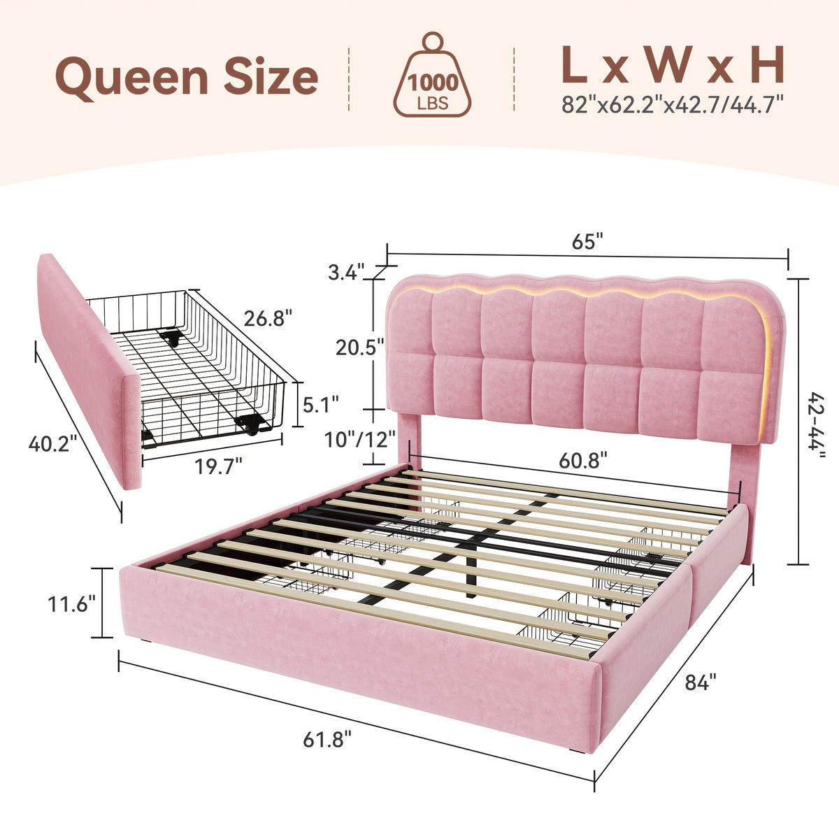 MRAEER Twin/Full/Queen Bed Frame | LED Lighting, 2/4 Storage Drawers, Cloud-Style Soft Headboard, Velvet Modern Platform Bed, Mattress Not Required, Halloween/Christmas Gift, White/Pink/Grey, Hardwood and Metal Construction