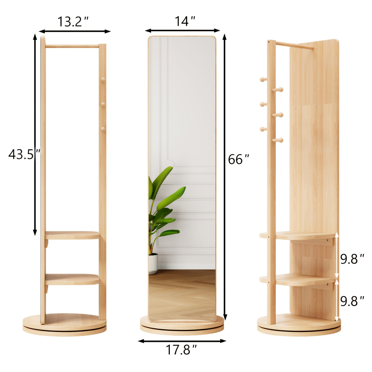 Full Length Floor Mirror with 360° Rotating Coat Rack and Shelves for Bedroom or Entryway Storage