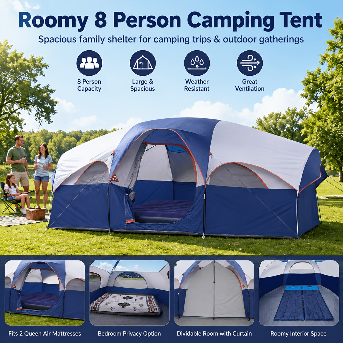 8-Person Family Camping Tent with Removable Two-Room Divider for Quick Outdoor Setup and Open Views