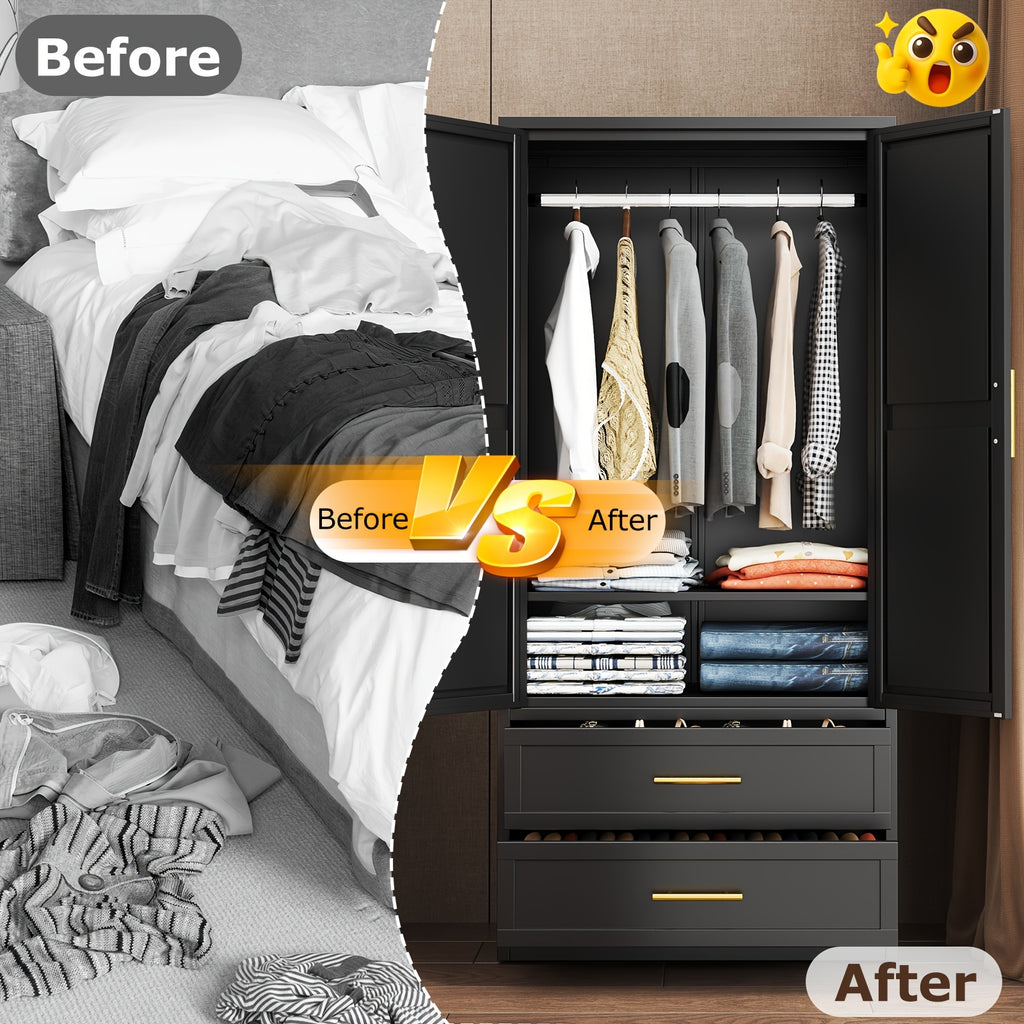 71 Inch Metal Wardrobe with Mirror, 2 Drawers, Adjustable Shelves And Hangers, Clothing Storage Cabinet for Bedroom