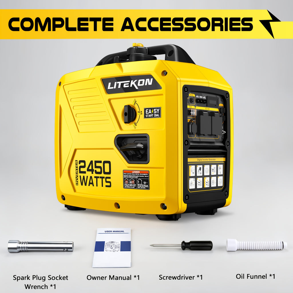 2450-Watts Portable Inverter Generator,Gas Generators for Home Use,Super Quiet Inverter Generator Portable,Gas Powered,1.6 Gallon Large Fuel Tank,Emergency Home Backup,EPA Compliant for Home, Camping, Motorhome and Commercial Use