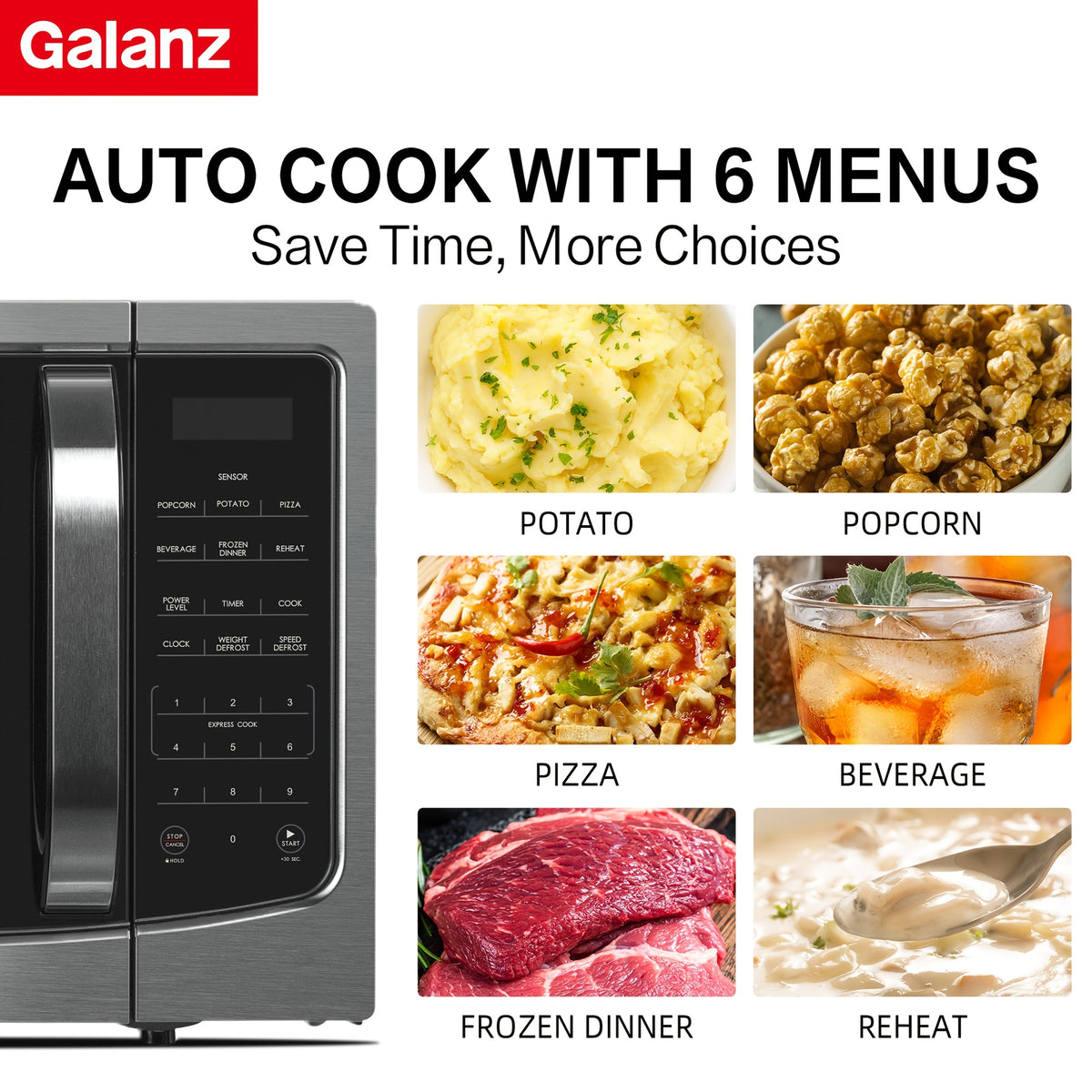 Galanz Multi-Function Microwave | 6 Auto Modes From Popcorn to Pizza, 1.6 Cu Ft Large Capacity, 1100W Efficient Heating, A Must-Have for Lazy Cooks