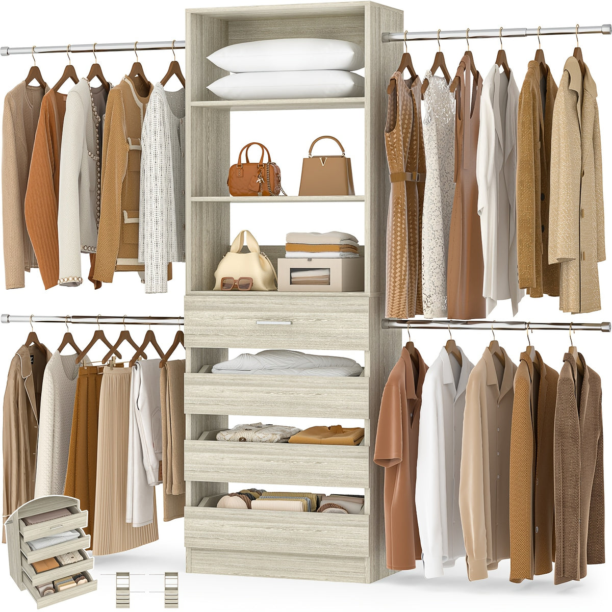 Closet System, Closet Organizer System with 4 Wooden Drawers, Walk-in Closet Wardrobe Clothes Rack with 4 Hanging Rods, Fit for 4-9ft Space, Garment Rack, White, Mounted Closet Systems