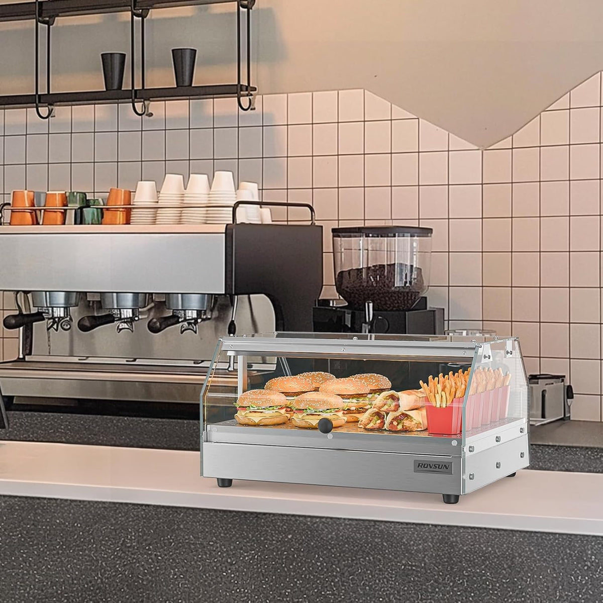 2-Tier Food Warmer Pizza Warmer Countertop, Food Warmer Display Pretzel Warmer with LED Lighting Front and Rear Doors, Electric Catering Hot Box Acrylic for Buffet Restaurant Cafe