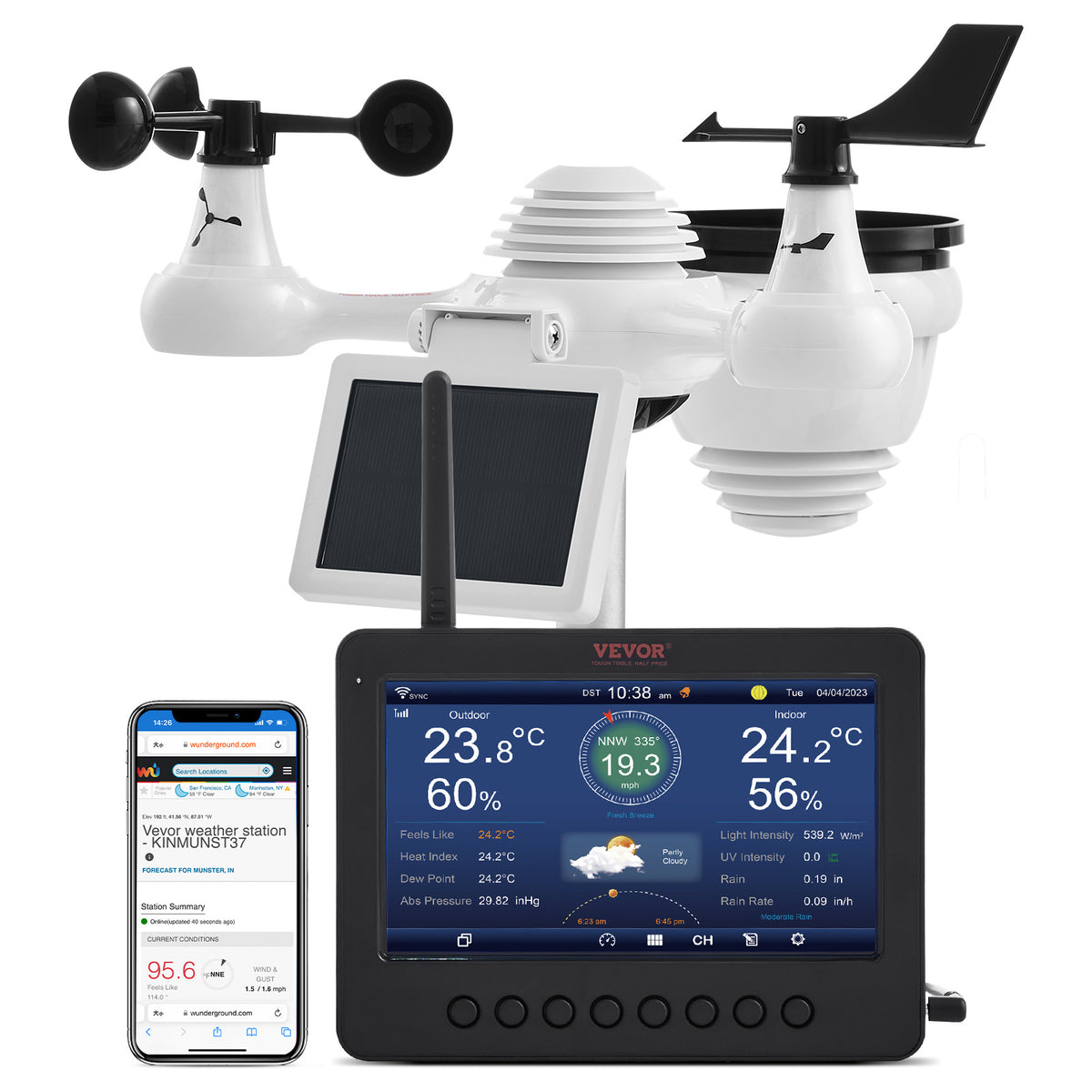 VEVOR 7-in-1 Wi-Fi Solar Self-Charging Weather Station with 7" TFT Color Display, Solar-Powered Sensor, Monitoring for Temperature, Humidity, Wind Speed/Direction and Rainfall