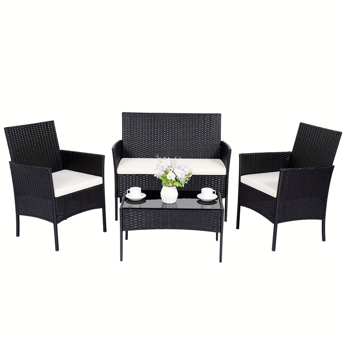 PUPATIOB 4pcs Wicker Patio Conversation Set, Outdoor Rattan Sofas with Table Set, Patio Furniture Set with Soft Cushions & Tempered Glass Coffee Table for Poolside Balcony