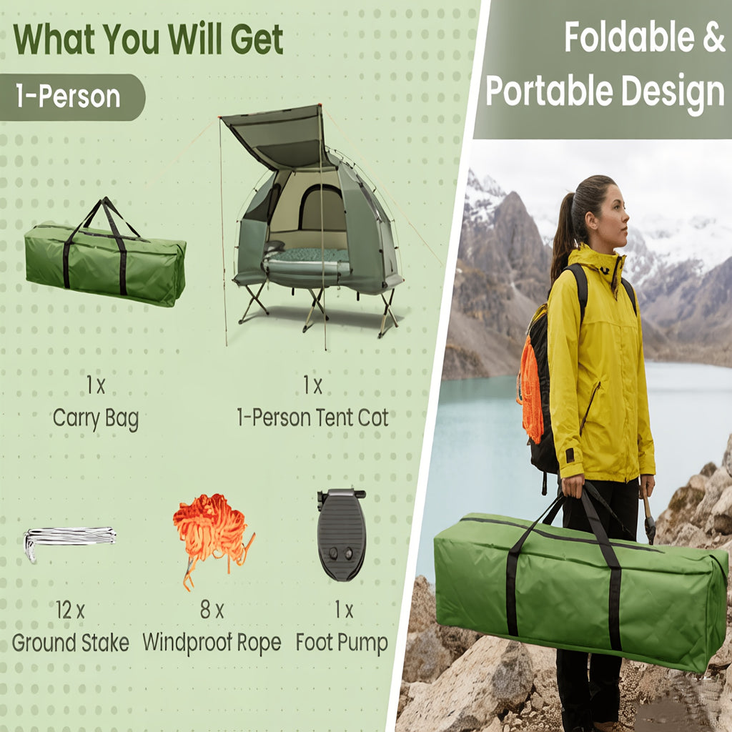 MULTIGOT Outdoor Foldable Camping Tent Cot, 5-In-1 Elevated Camping Tent W/ Sleeping Bag, Air Mattress, Pillow, Sunshade, Portable Single Sleeping Cot W/ Carry Bag for Hiking, Travel, Picnic