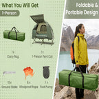MULTIGOT Outdoor Foldable Camping Tent Cot, 5-In-1 Elevated Camping Tent W/ Sleeping Bag, Air Mattress, Pillow, Sunshade, Portable Single Sleeping Cot W/ Carry Bag for Hiking, Travel, Picnic
