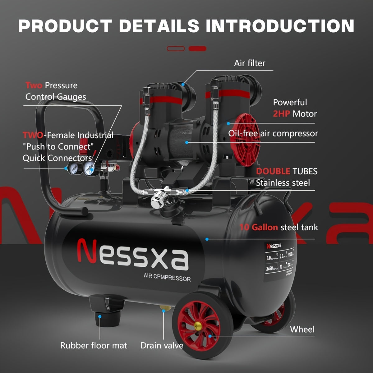 8/10/14 Gallon Ultra Quiet Air Compressor, 116PSI Oil-Free Air Compressor Tank, 110V/60Hz, 70dB Air Compressor for Car Repair, Spray Painting, Woodwork Nailing