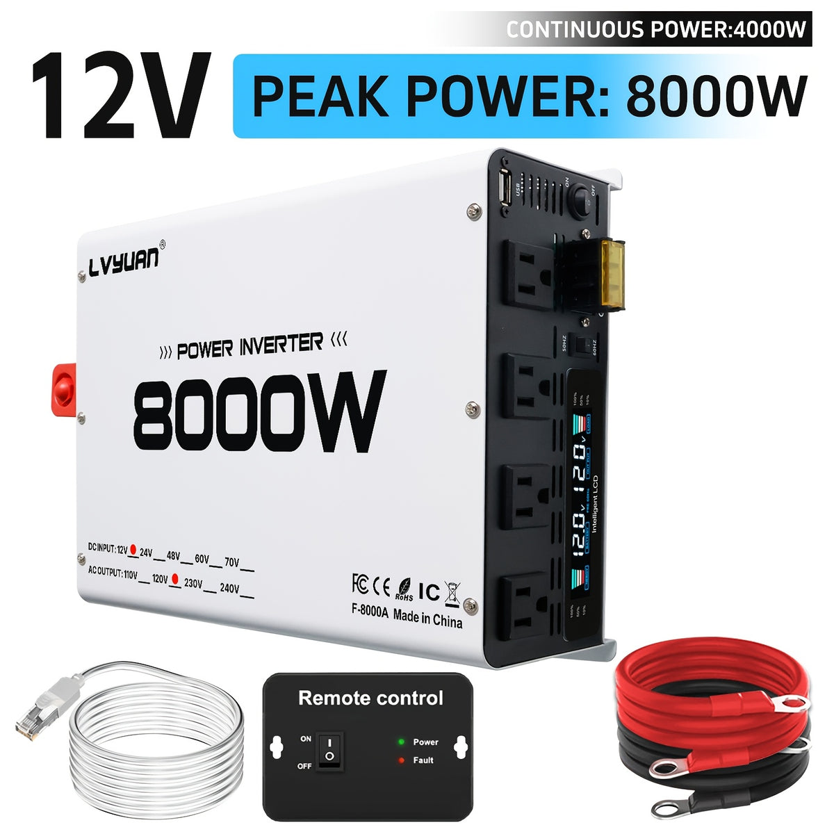 LVYUAN Power Inverter, 8000W (peak), 12V DC to 110V/120V AC Converter, Suitable for Homes, RVs, Boats, Off-grid Solar Systems, And Vehicles. Features USB Charging Ports, 4 AC Power Outlets, Dual USB Ports, An LCD Display, And A Remote Control.