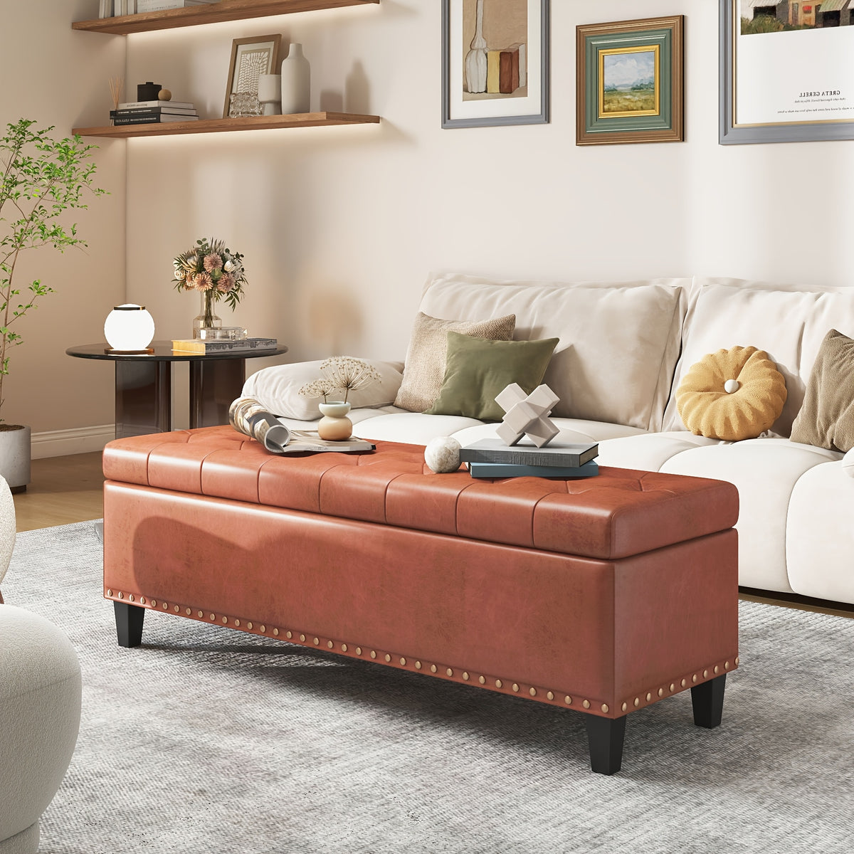 51-Inch Storage Ottoman Bench, Upholstered End of Bed Ottoman Bench with Storage and Seating, Large Faux Leather Bench for Foot Rest in Bedroom, Living Room, Entryway, Hallway