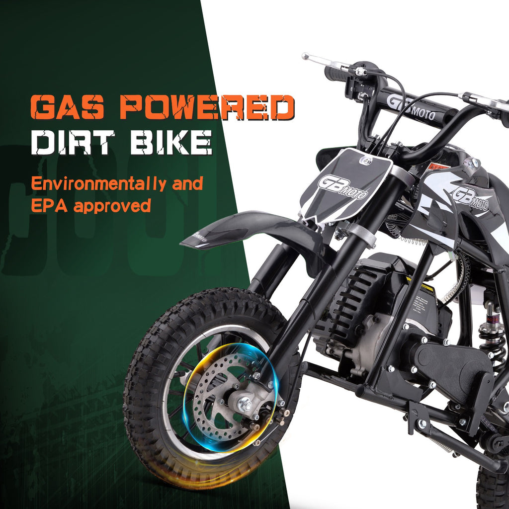 Mini off-road bike, 41CC four stroke gasoline bike (model: DB001), equipped with off-road tires, suspension, disc brakes, maximum load of 160Lbs, top speed of 18Mph, gloves and face cloth included