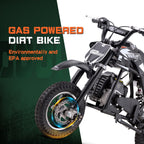Mini off-road bike, 41CC four stroke gasoline bike (model: DB001), equipped with off-road tires, suspension, disc brakes, maximum load of 160Lbs, top speed of 18Mph, gloves and face cloth included