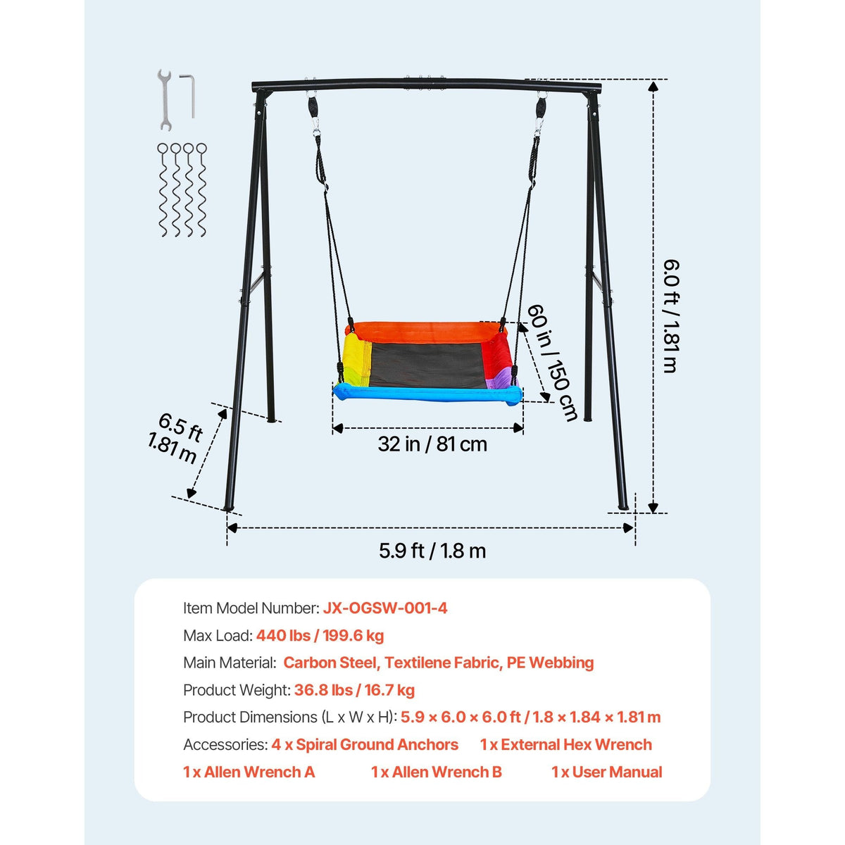 Outdoor Swing Set with 60 x 32 in Saucer Seat — 440 lb A-Frame Design for Backyard Play, Black