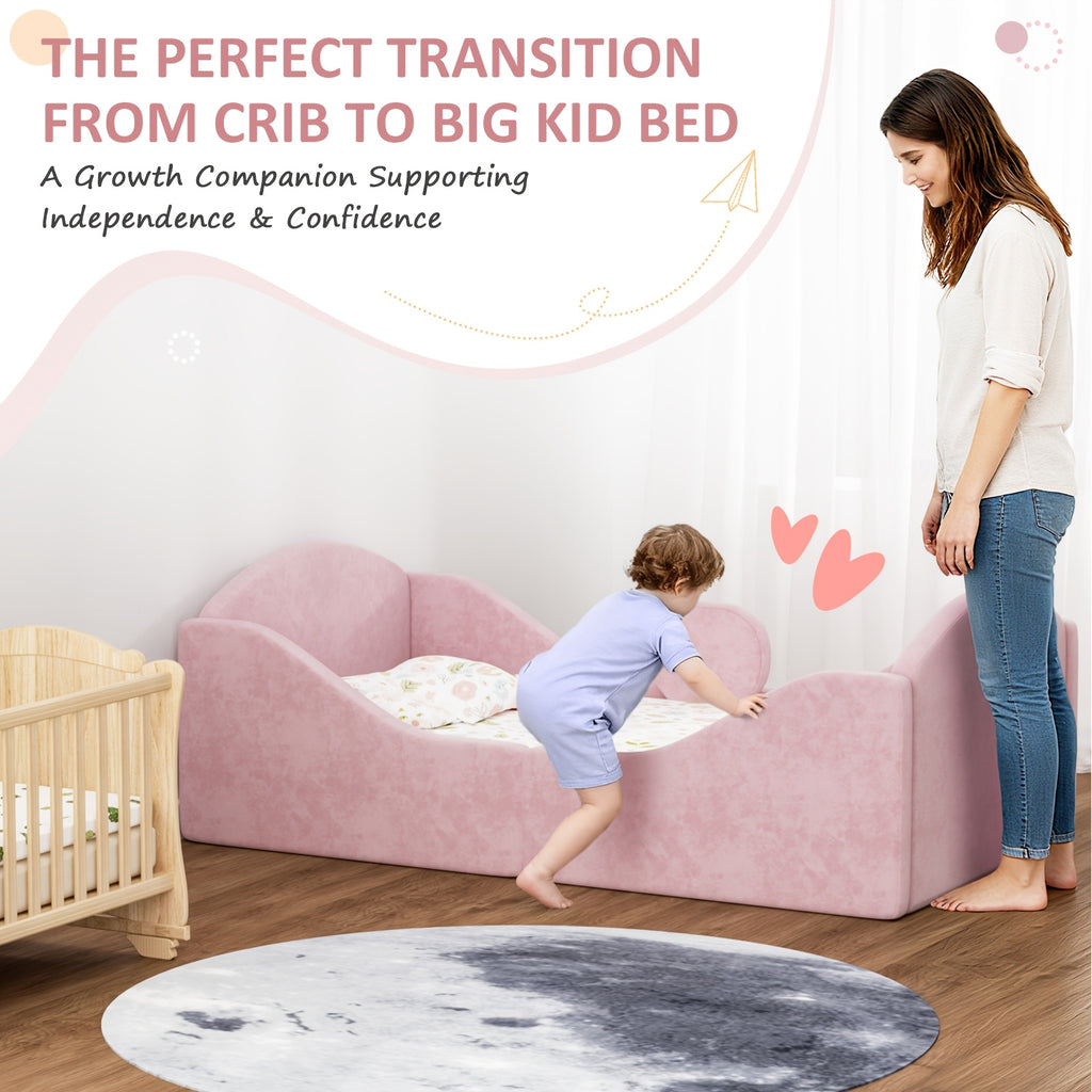 Bed Designed for Toddlers, Featuring Removable Safety Rails And a Soft Upholstered End in Pink, Blue, Or Gray. Note: Mattress Is Not Included