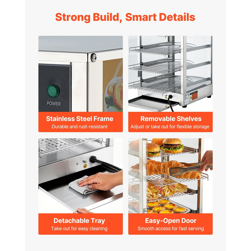 VEVOR 3-Tier/5-Tier Commercial Food Warmer Display, 14inch/15 inch 800W Food Display Warmer with LED Light, Adjustable Shelf and Stainless Steel Frame, 86℉~185℉ Air Heating, 34L for Hamburger, Pizza, Bread, Fried Chicken