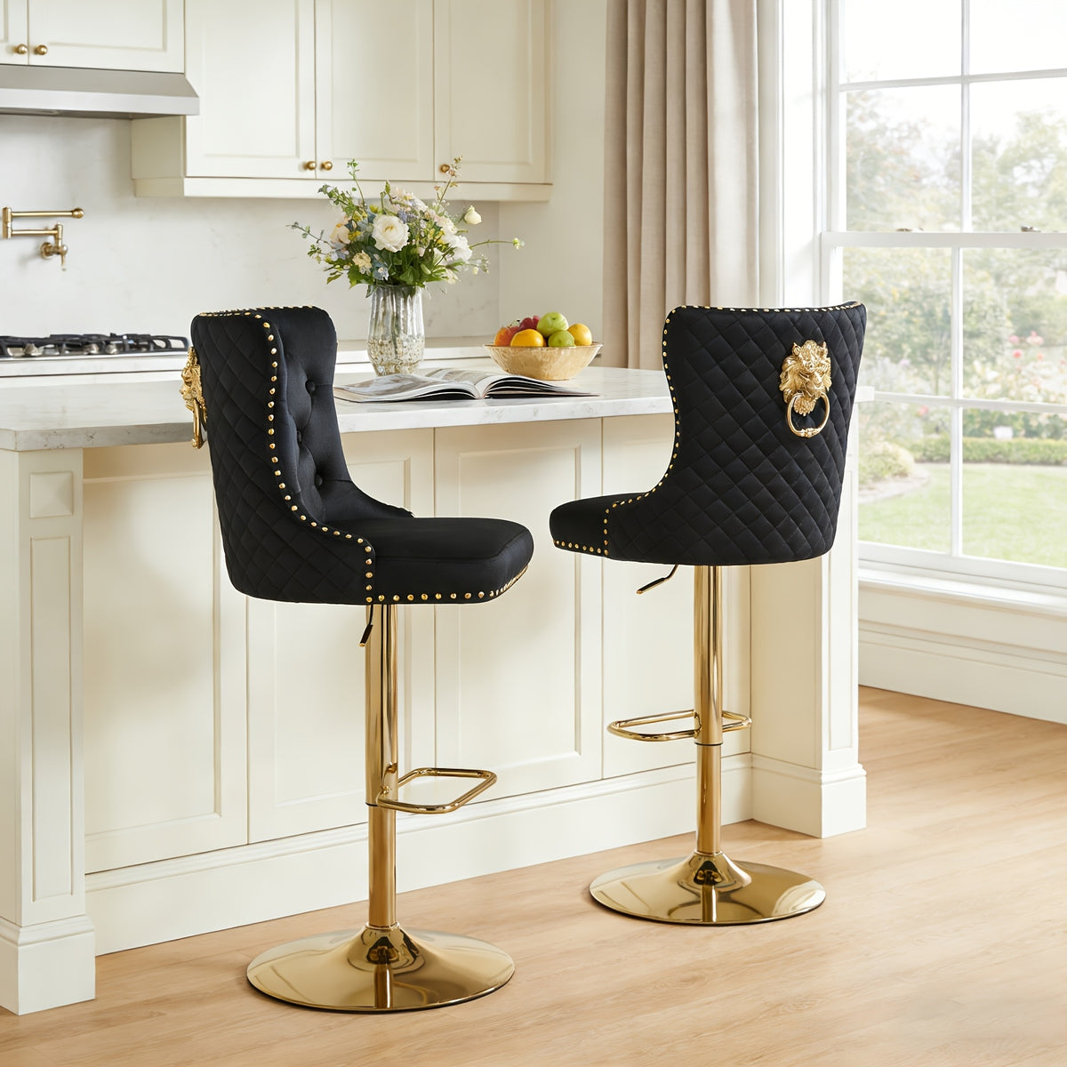 DMKAI Golden Lion Head Velvet Bar Stools Set Of 2, Luxury Diamond Tufted High Back, Adjustable Height 360° Swivel with Golden Base for Kitchen Island Home Bar