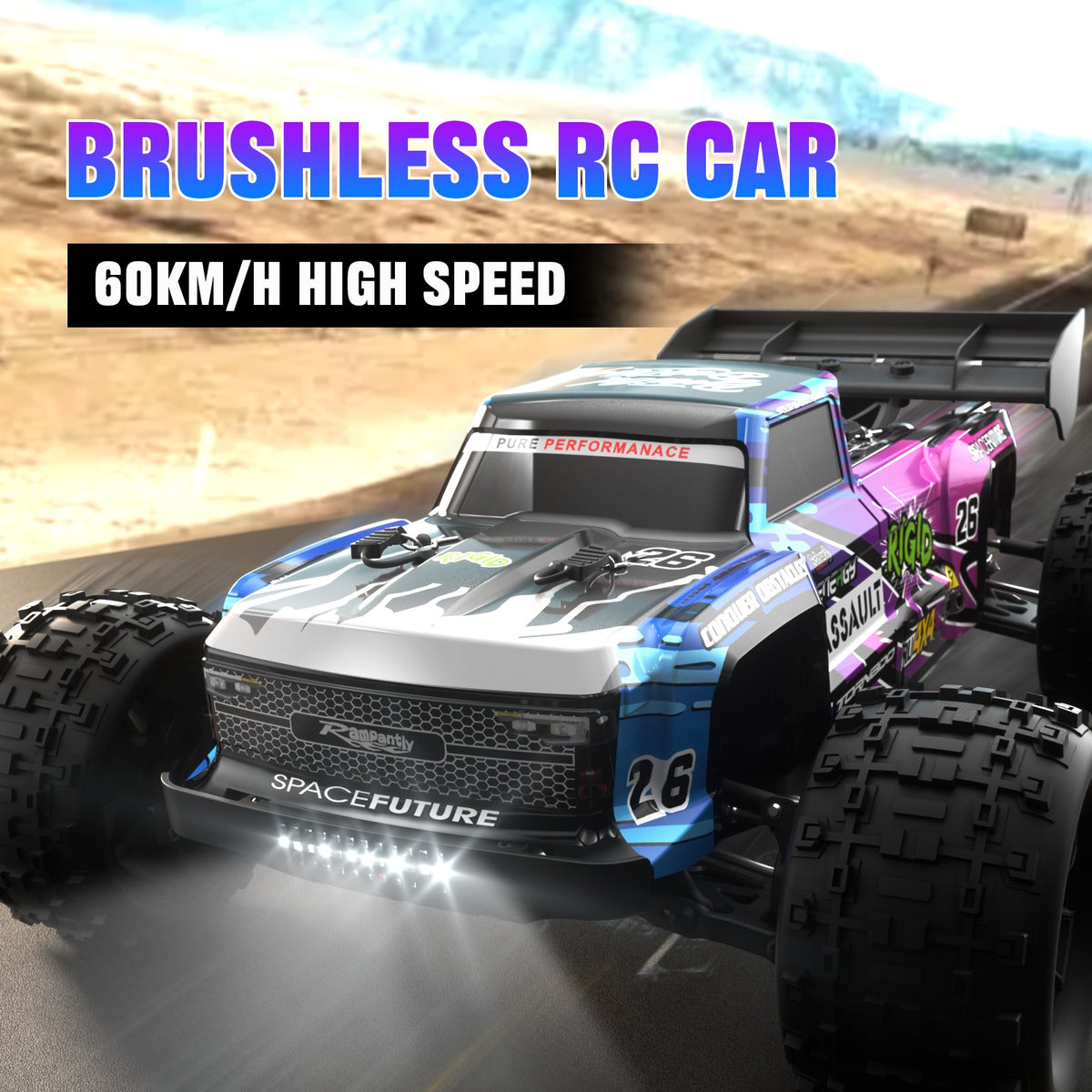 Flypear 4WD Brushless RC Car, 60+KM/H All Terrain High-Speed Off-Road Truck, Aluminum Alloy Chassis, 2.4Ghz Remote Control, Supports Vehicles Racing Together, Three-Wire 17G Digital Servo, LED Lights