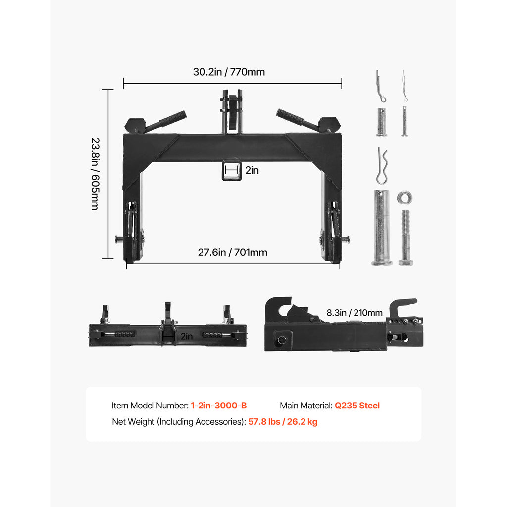 3-Point Quick Hitch with 2" Receiver Category 1 & 2 Tractor Hitch 3000lb Black/Orange/Green