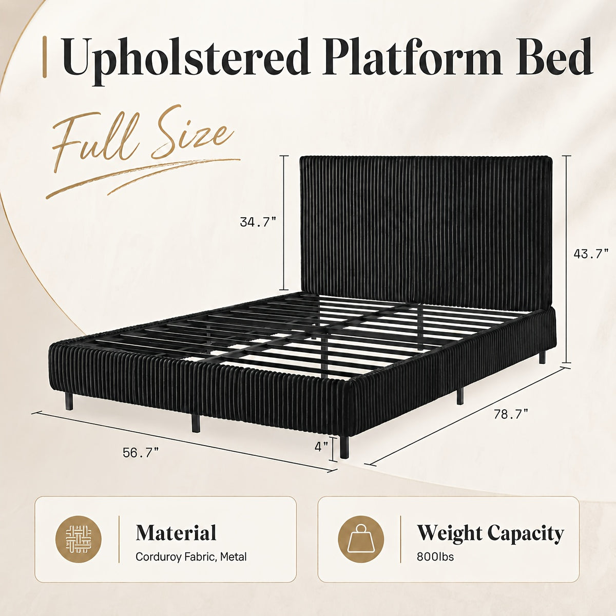 Platform Bed Frame with Upholstered Corduroy Headboard, Fully Padded 3.5" Thick Gap-Free Design, Heavy Duty Metal Slats, No Box Spring Required