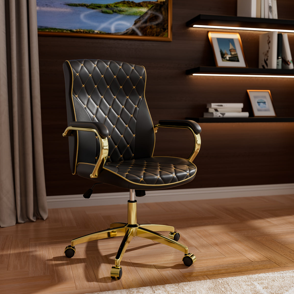 1pc Office Chair with Golden Frame, Soft Office Chair with Wheels And Padded Arms, Mid Back Executive Desk Chair, Swivel Vintage Desk Chair And Height Adjustable