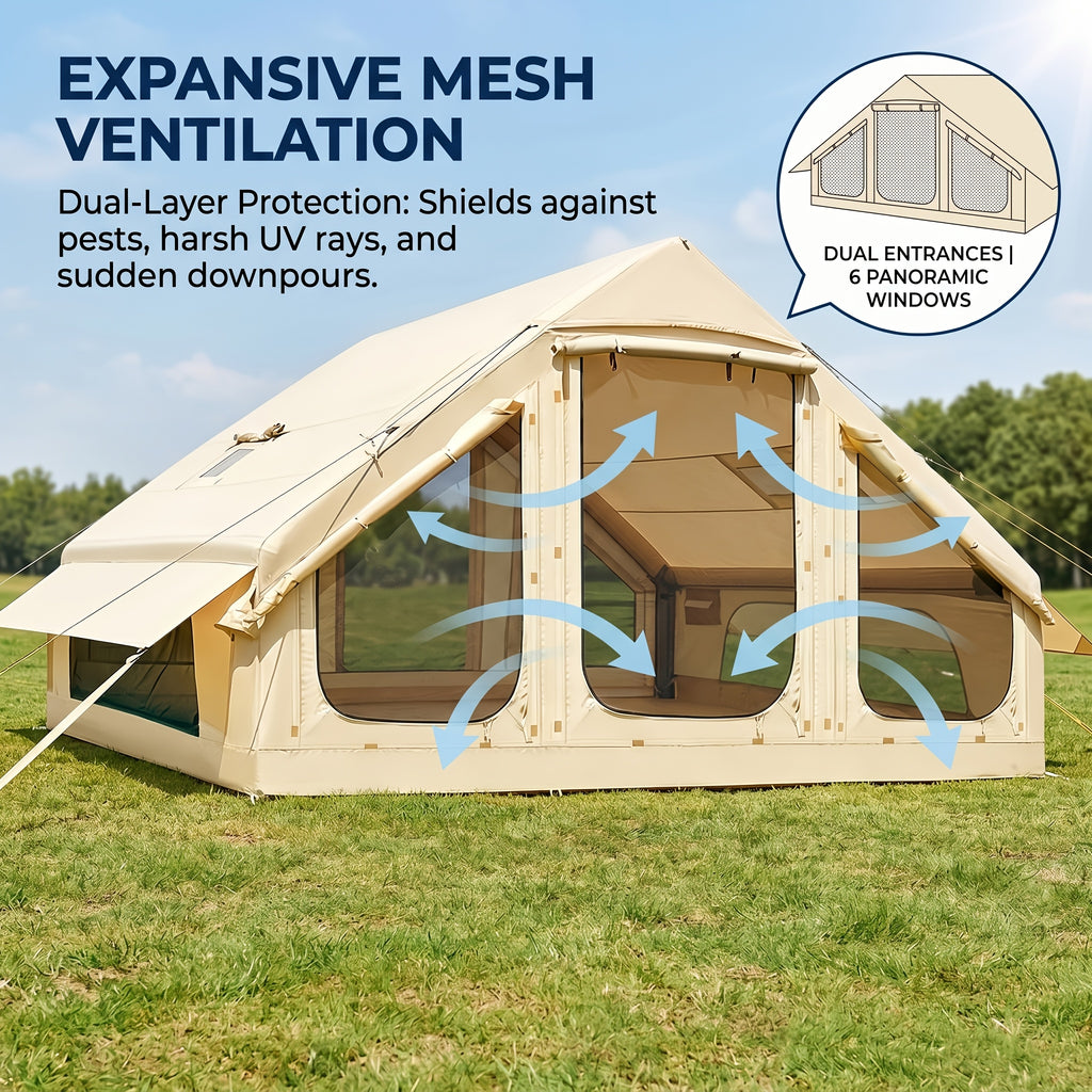 LILYPELLE Inflatable Camping Tent for 4-6 People, Easy Setup Oxford Cloth Air Tent with Stove Jack And Hand Pump, Spacious Glamping Tent House for Adults