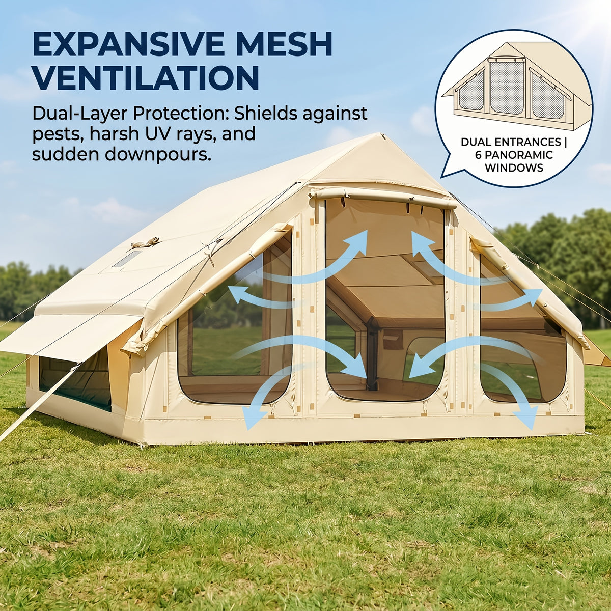LILYPELLE Inflatable Camping Tent for 4-6 People, Easy Setup Oxford Cloth Air Tent with Stove Jack And Hand Pump, Spacious Glamping Tent House for Adults
