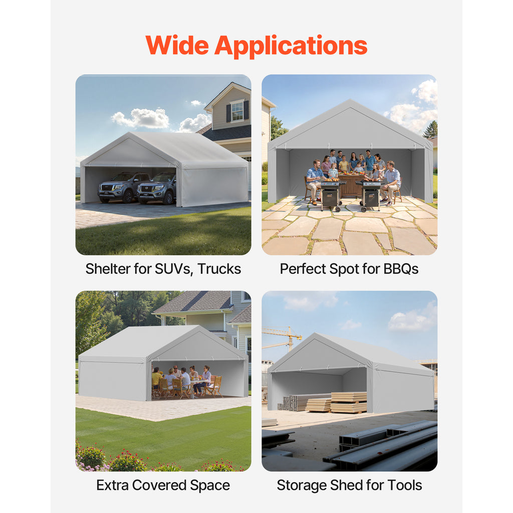 VEVOR Carport Replacement Canopy, 10 x 20 ft / 12 x 20 ft / 13 x 20 ft / 20 x 20 ft Potable Garage Tent Top Tarp with Sidewalls, UV-Resistant & Waterproof, Heavy Duty Car Shelter Tarp with Ball Buggees, Beige / Grey, Frame Not Included