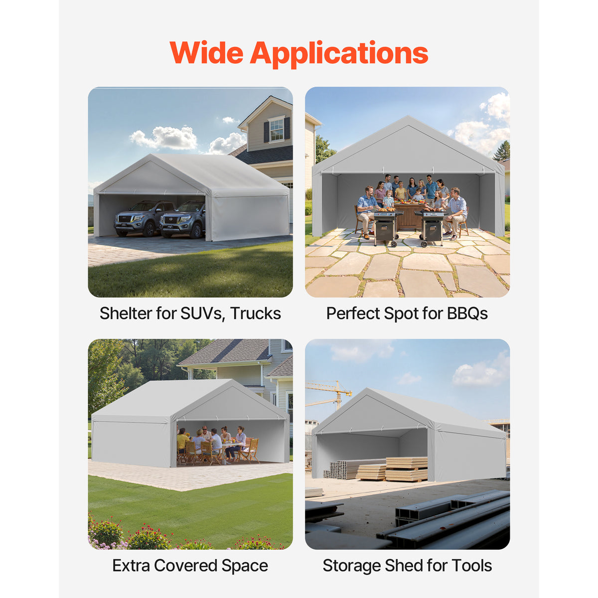 VEVOR Carport Replacement Canopy, 10 x 20 ft / 12 x 20 ft / 13 x 20 ft / 20 x 20 ft Potable Garage Tent Top Tarp with Sidewalls, UV-Resistant & Waterproof, Heavy Duty Car Shelter Tarp with Ball Buggees, Beige / Grey, Frame Not Included