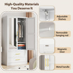 71 Inch Metal Wardrobe with Mirror, 2 Drawers, Adjustable Shelves And Hangers, Clothing Storage Cabinet for Bedroom