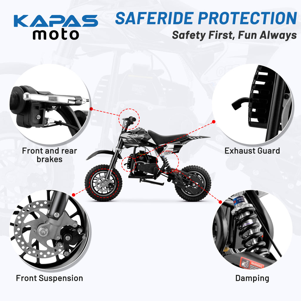 Mini Dirt Bike, 49 CC 2-Stroke Gas Bike with Off-Rode Tire, Suspensions, Disc Brakes, Max Load 165Lbs, Max Speed 18Mph-Includes gloves, face mask, security lock, and phone holder-Includes gloves, a face mask, an integrated stand, an anti-theft lock, and k