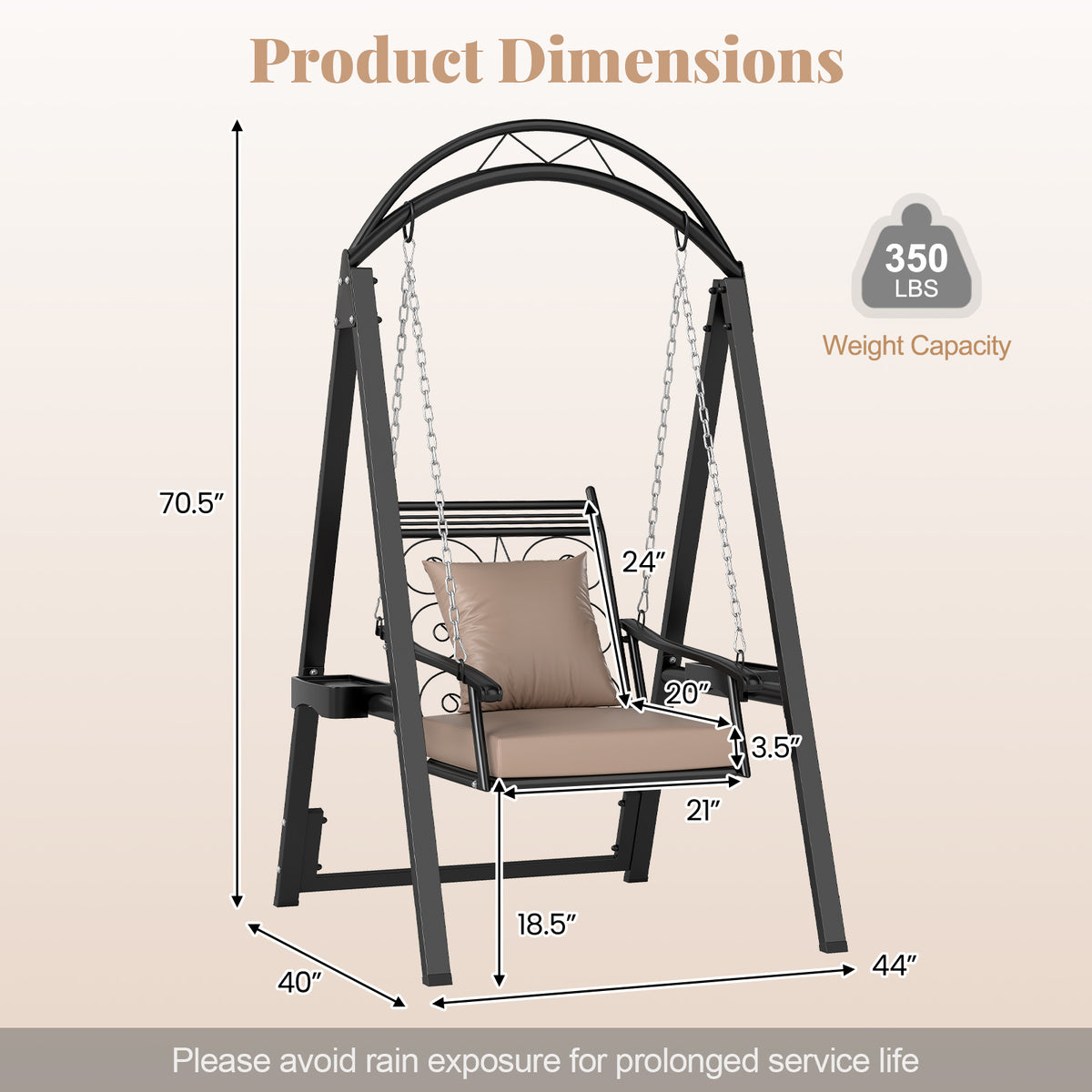 Outdoor Porch Swing with Stand for Adults, Patio Swing Chair with Removable Cushions and Side Tables for Garden, Balcony, Backyard and Poolside