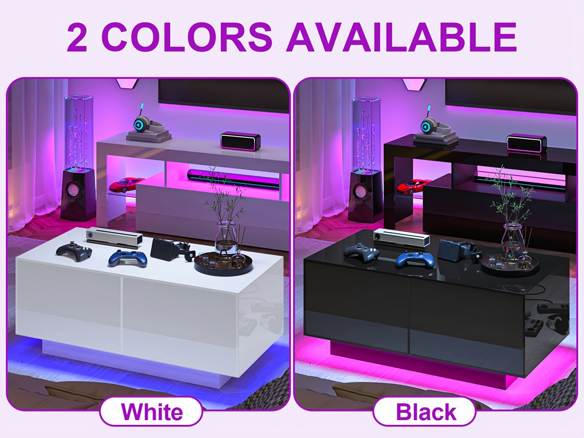 High Glossy LED Coffee Table, Modern Coffee Tables with Open Display Shelf And Sliding 2 Drawers, Rectangular Coffee Table with LED Lights for Living Room, Dining Room, White/Black