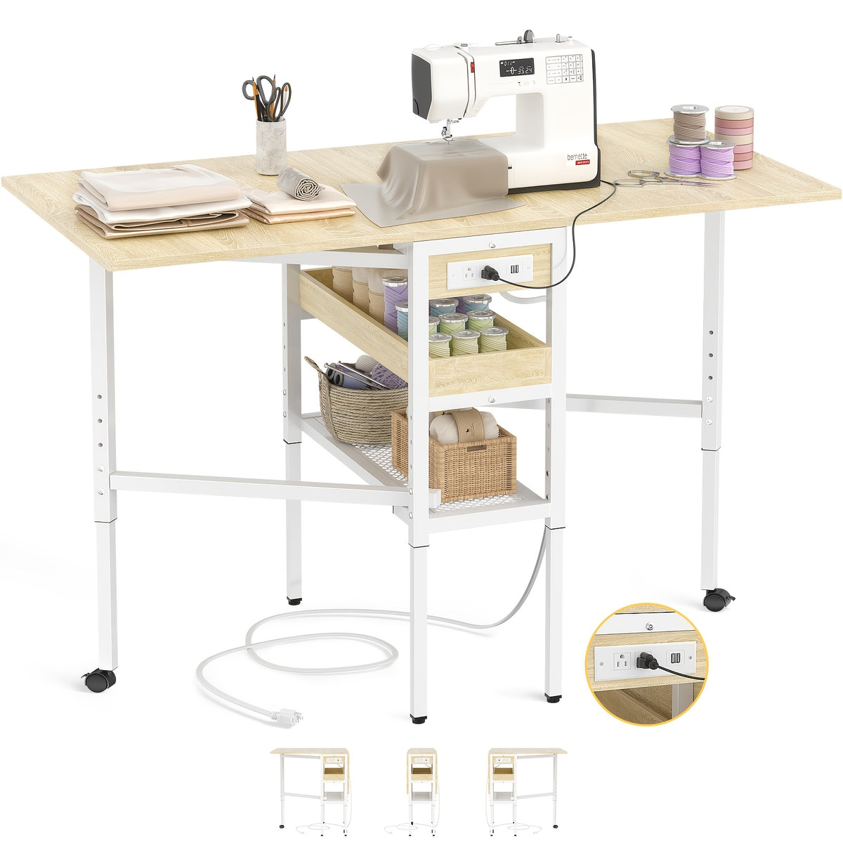 50" Foldable Sewing Cutting Table | Height Adjustable Craft Table with Charging Station and Storage, Metal Frame, Mixed Color, Plug Powered - BESIOIST