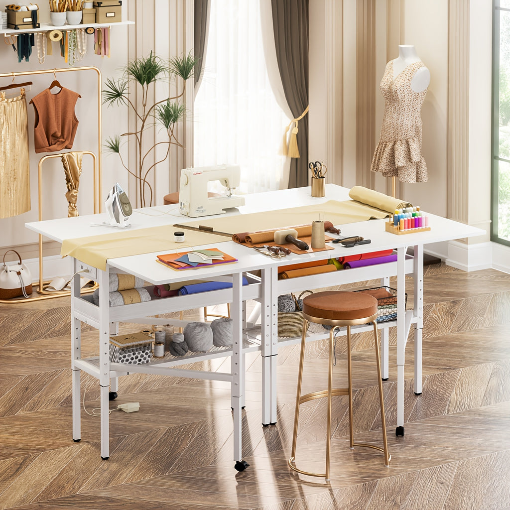 50" Foldable Sewing Cutting Table | Height Adjustable Craft Table with Charging Station and Storage, Metal Frame, Mixed Color, Plug Powered - BESIOIST