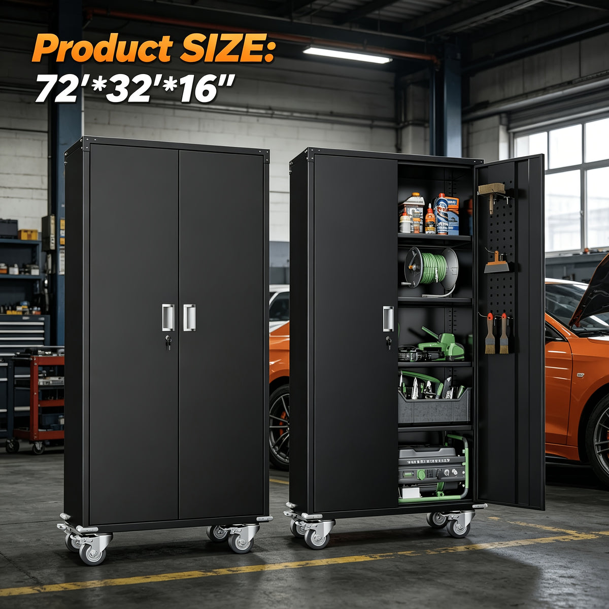 72/73-inch Metal for garage Cabinet With Casters, Rolling Storage Cabinet Model C With Pegboard And Shelves, Model D 73-inch Without Pegboard, Tall Tool Cabinet With Lockable Door, Suitable For Garages, Repair Shops, And Warehouses