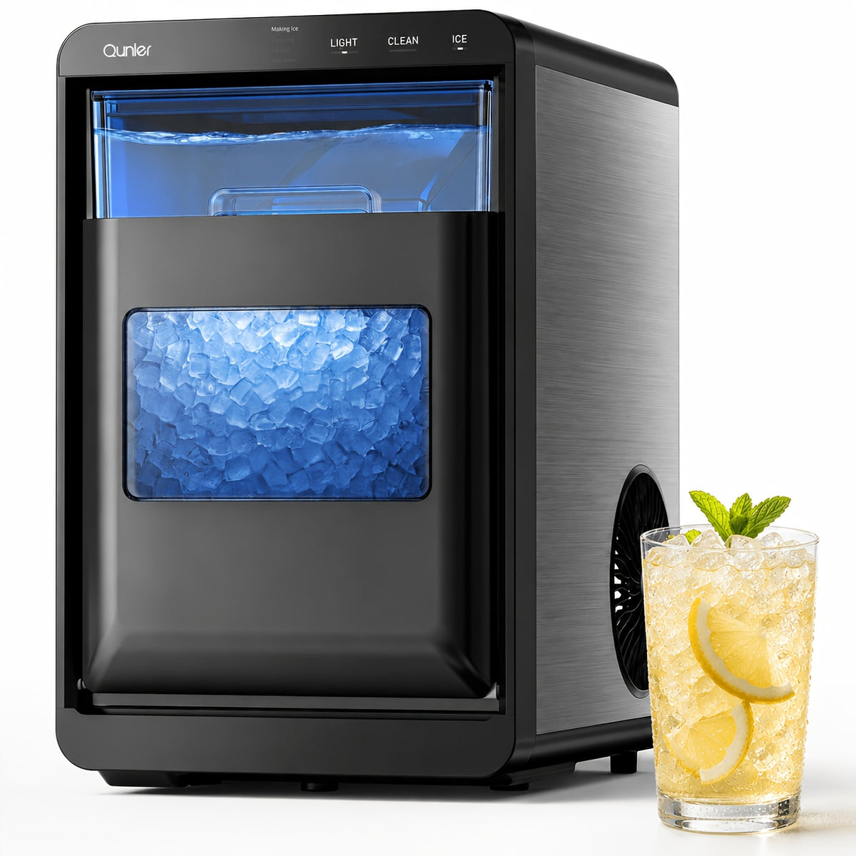 Nugget Ice Maker Countertop, 44 Lbs/Day, Soft Chewable Pebble Ice Machine with Stainless Steel Ice Scoop, for Home, Kitchen, Office, RV & Camping, Stainless Steel, Black