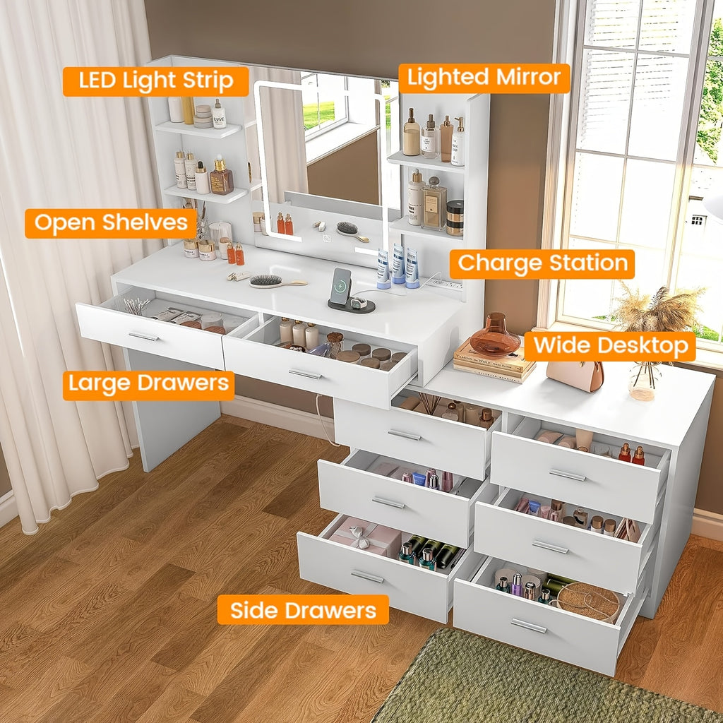 Vanity Desk with LED Lighted Mirror & Power Outlet, Modern Corner Makeup Vanity Table with 8 Drawers & Open Shelves, Dressing Table for Valentine's Day Gift