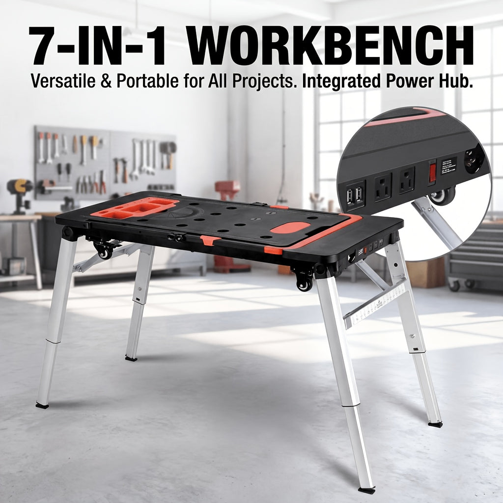 7in 1 Multifunctional Work Benches with Power Outlet, Folding Work Table for Garage, As Portable Workbench, Sawhorse, Scaffold, Platform, Car Creeper, Dolly And Hand Truck, with 4 Wheels, Requires No Assembly