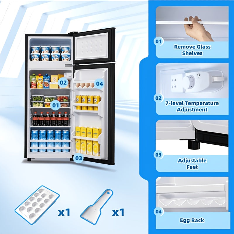 2-Door Compact Refrigerator Mini Fridge with Adjustable Thermostat & Removable Glass Shelves, Ultra-Quiet Cooling Suitable for Bedroom, Office, Dorm, Small Space, Direct-Cool System, ABS Cabinet, Compressor Cooling, Low Voltage ( Plug)