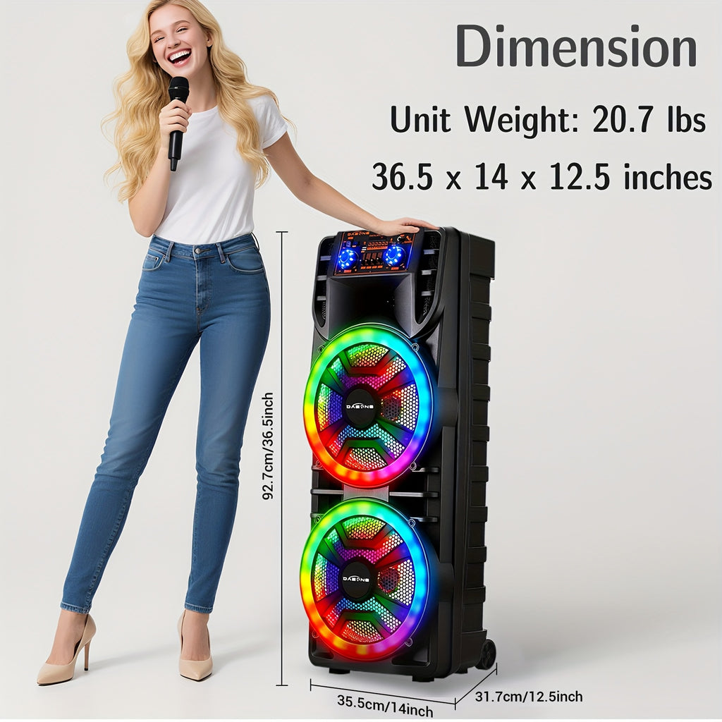Dual 12" Portable BT Wireless Party Speaker - Powerful Bass, Loud Sound, RGB Light Show, EQ Controls (Treble/Bass/Delay/Volume), Lightweight for Outdoor/Indoor Party Events Karaoke PA System