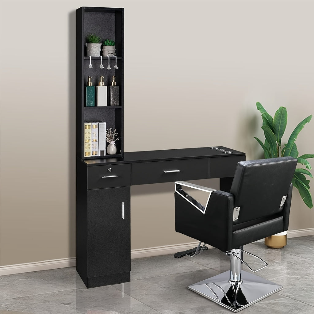 OmySalon Stations for Hair Stylist, Locking Barber Station Organizer, Wall Mount Hair Styling Equipment with 2 Drawers, 1 Storage Compartment, 3 Open Shelves, for Beauty Spa Bedroom Hairdresser, Black/Black&Red/White