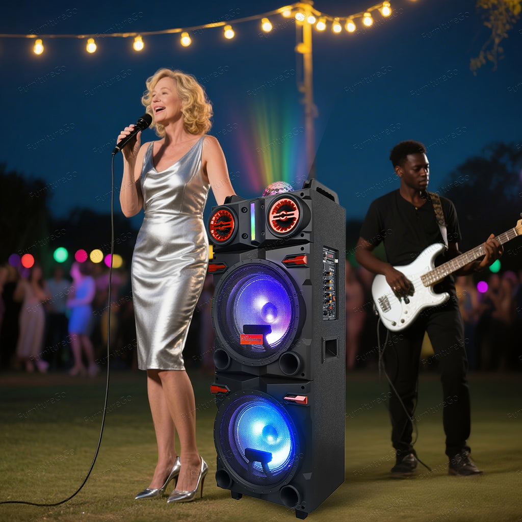 10" Dual Speaker System Built In BT for Wireless Connection, LED Party Lights, FM Radio, AUX/Microphone Inputs - Portable PA System for Parties, Karaoke, DJ (Includes Wired Mic)