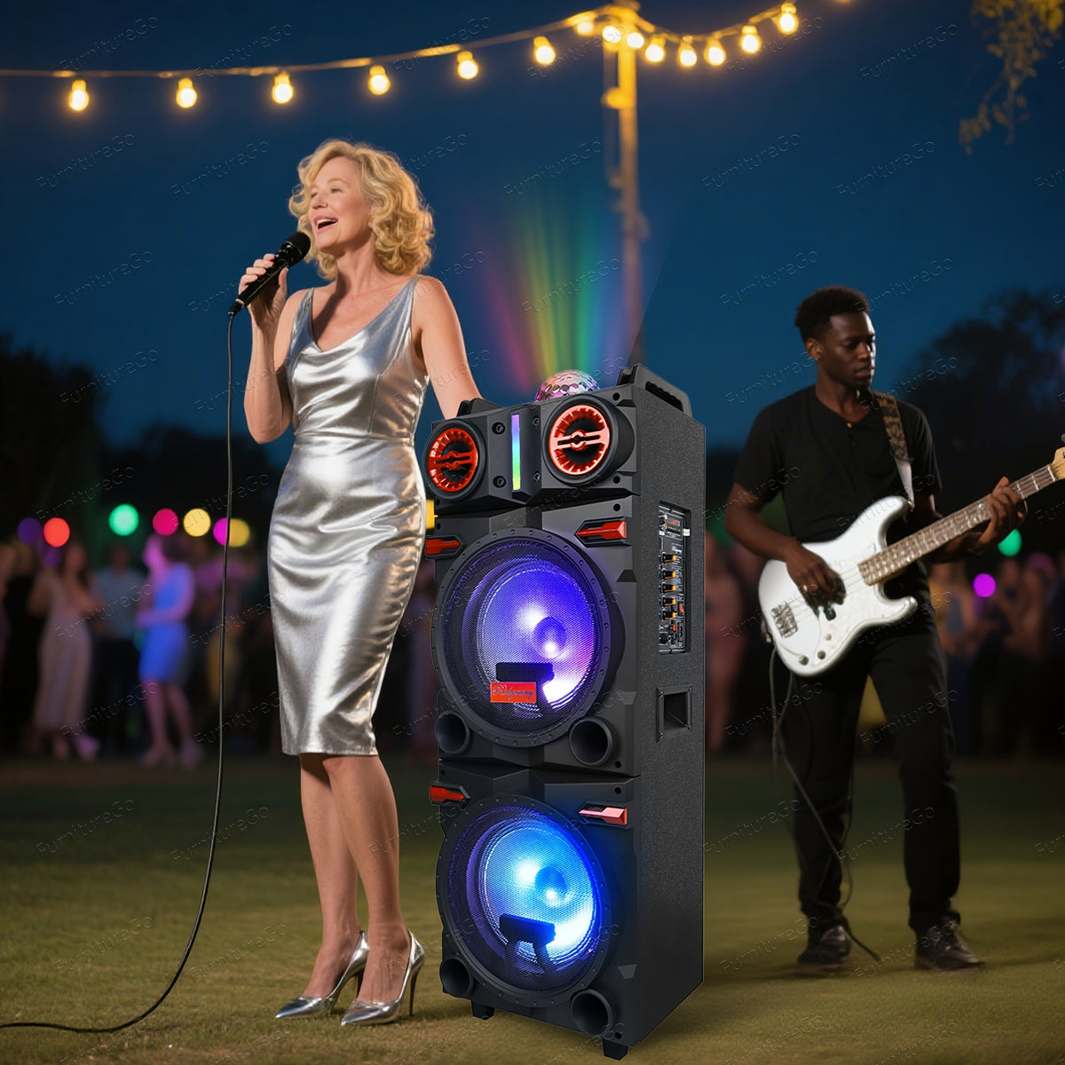 10" Dual Speaker System Built In BT for Wireless Connection, LED Party Lights, FM Radio, AUX/Microphone Inputs - Portable PA System for Parties, Karaoke, DJ (Includes Wired Mic)