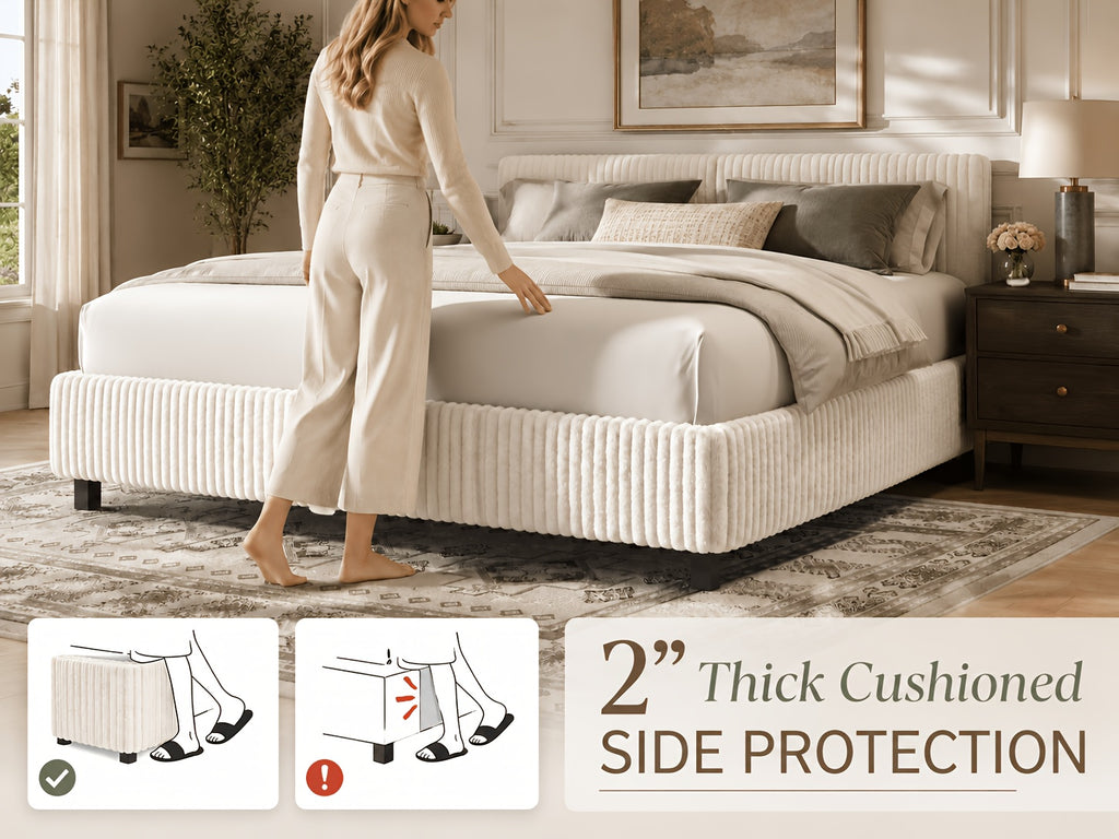 Platform Bed Frame with Upholstered Corduroy Headboard, Fully Padded 3.5" Thick Gap-Free Design, Heavy Duty Metal Slats, No Box Spring Required
