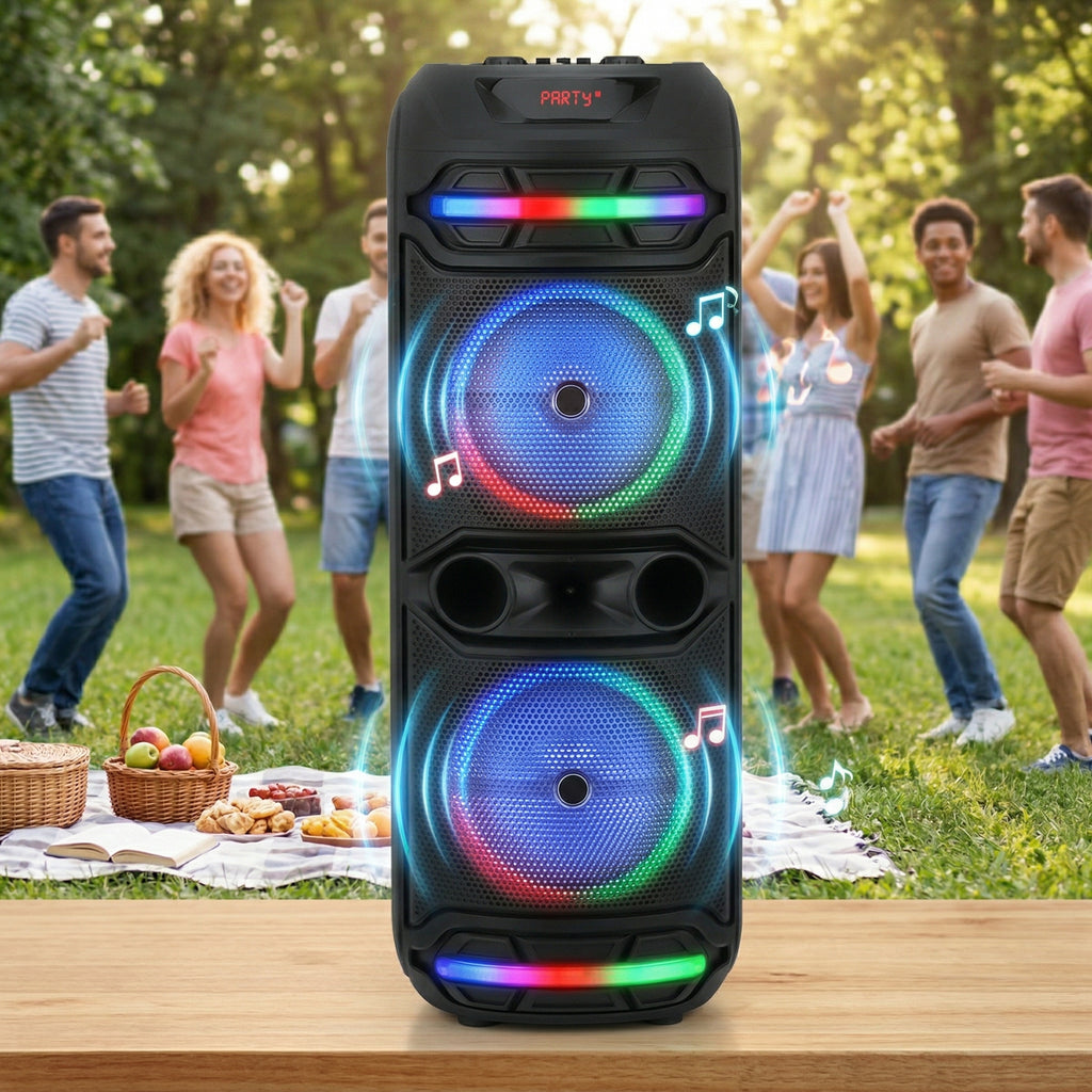 Portable Bluetooth Party Speaker with Dual 12" Woofer, Heavy Bass PA System with Remote & Microphone, USB/SD/FM/AUX Support, Powerful Sound for Home, Outdoor Parties, Karaoke & Events