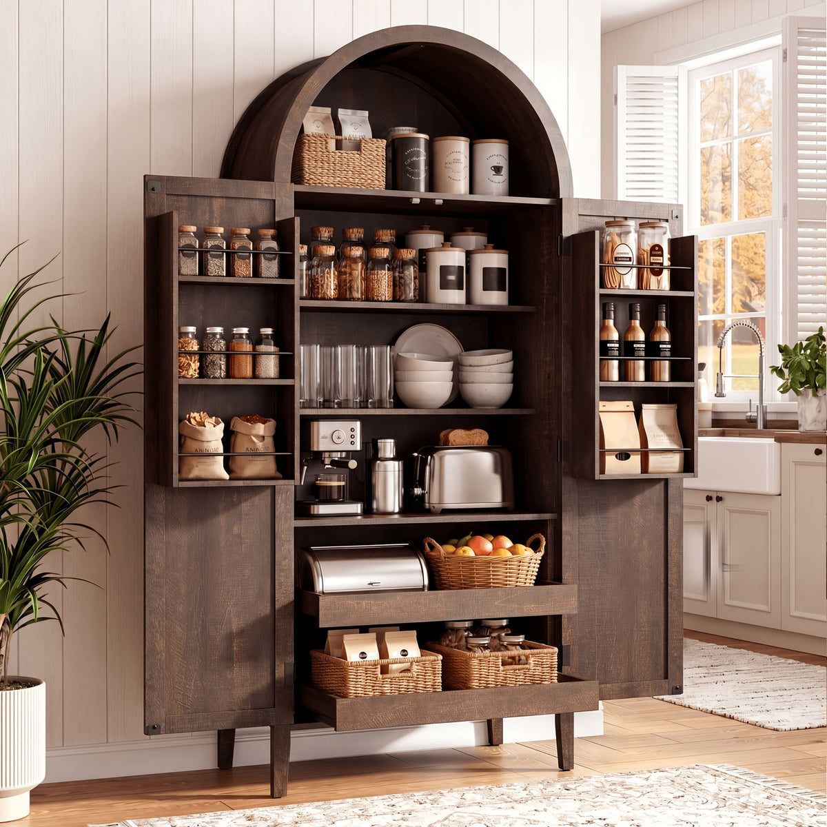 PAZCASA 71" Tall Arched Kitchen Pantry, Storage Cabinet with 2 Pull-Out Shelves, 6 Door Shelves, Organizer, Freestanding Modern Versatile Cupboard for Kitchen, Dining Room, Black/Natural
