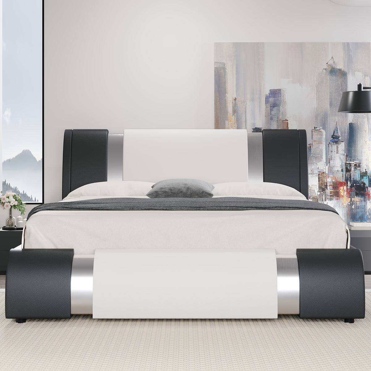 HOOMIC Modern Faux Leather Bed Frame With Iron Pieces Decor - Low Profile Platform Bed With Height-Adjustable Headboard, Solid Wood Slat Support, No Box Spring Needed - For Adults - Suitable for Modern & Contemporary Bedrooms - Perfect Gift for Housewarmi