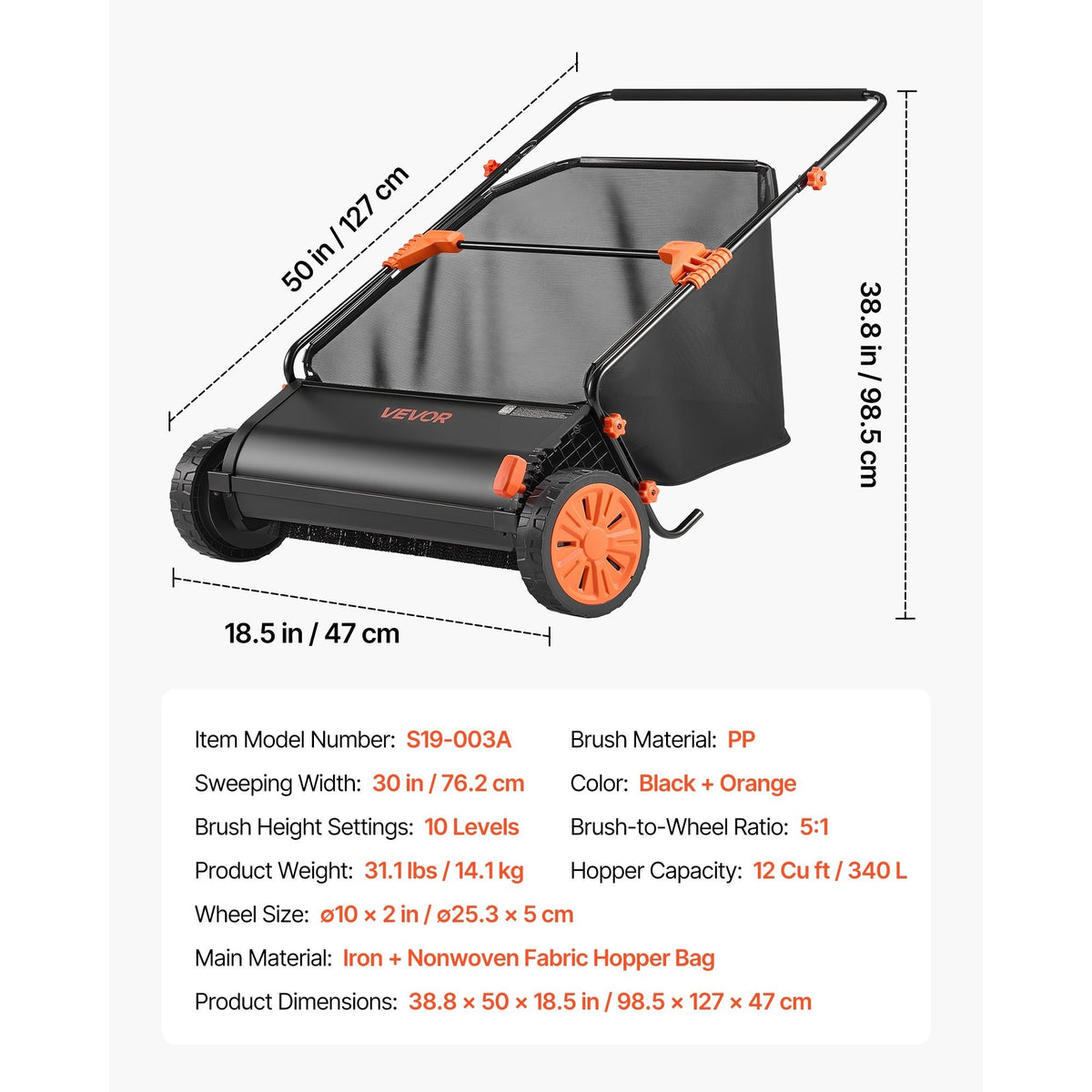 VEVOR Push Lawn Sweeper, 30 in Leaf & Grass Collector with 12 cu. ft. Hopper Bag, Adjustable Brush Height & Spinning Brushes, Heavy Duty Yard Sweeper with Rubber Wheels for Leaves Grass Cleanup