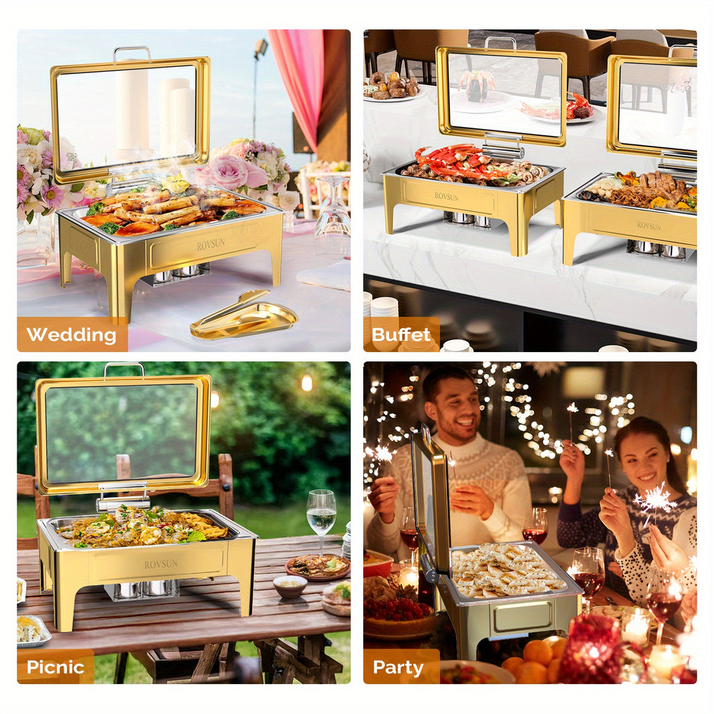 9QT square 304 stainless steel hot pot, hydraulic glass cover and food pot - golden buffet heater, suitable for catering, parties, events and home use only for cooking (1 pack))